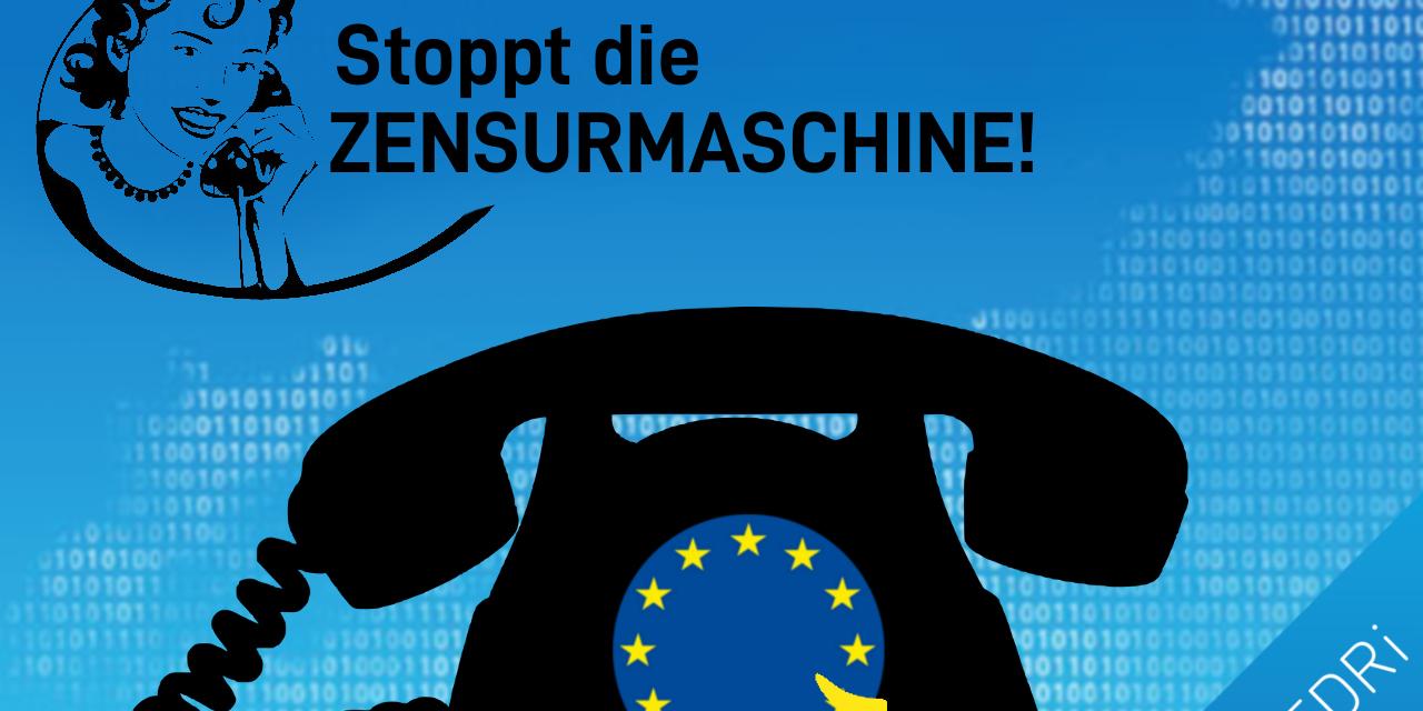 Grafik mit einem Wählscheibentelefon. Die Wählscheibe ist an die EU-Flagge angelehnt: „Stoppt die Zensurmaschine.“