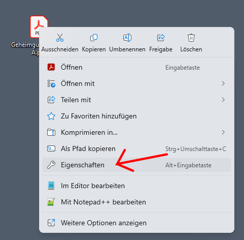 Ansicht des Menüs, das erscheint, wenn man auf eine Datei einen Rechtsklick macht. Ein roter Pfeil deutet auf den Punkt 'Eigenschaften'.