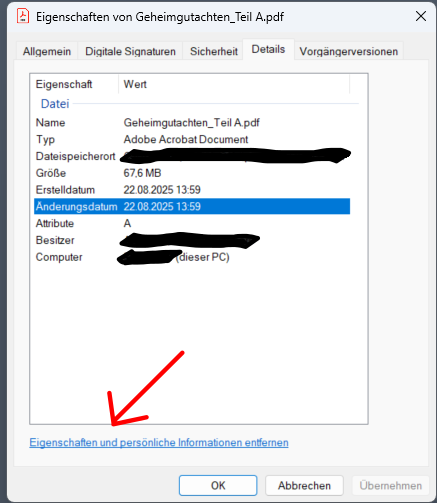 Anzeige der Eigenschaften eines PDFs. Ein roter Pfeil deutet auf die Option 'Eigenschaften und persönliche Informationen entfernen'.