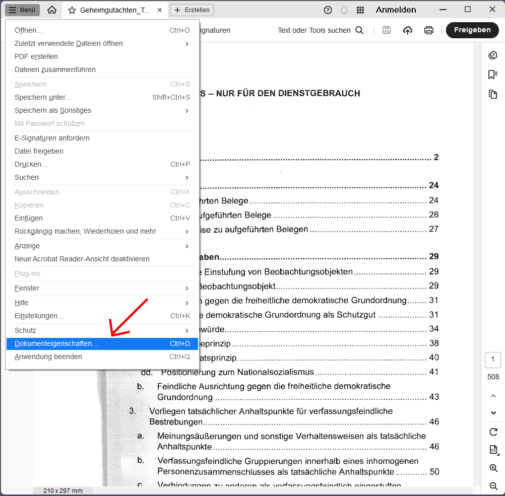 Im geöffneten PDF ist das Menü geöffnet. Ein Pfeil deutet auf den zweituntersten Eintrag 'Dokumenteneigenschaften'.