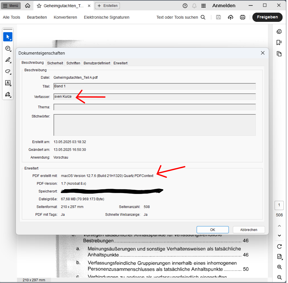 Die Dokumenteneigenschaften eines PDFs sind geöffnet. Ein Pfeil deutet auf den Klarnamen des Verfassers (ein gewisser Sven Kurze) und ein Pfeil deutet auf den Eintrag mit welchem Betriebssystem und Programm das PDF erstellt wurde.