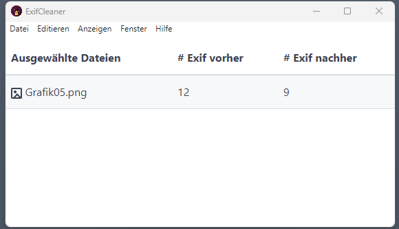 ExifCleaner-Fenster: Eine Grafikdatei ist ausgewählt. Exif vorher hat den Wert 12. Exif nachher hat den Wert 9.