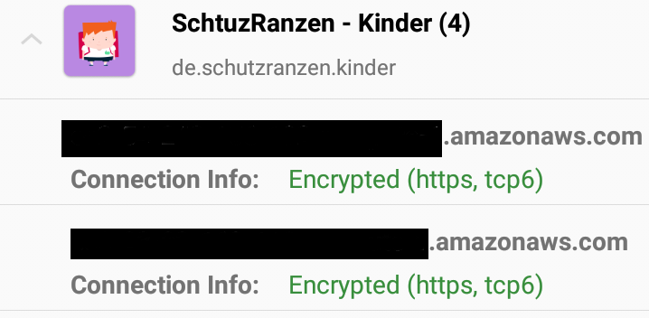 Screenshot: Net Monitor zeigt, dass die Kinder-App von „Schutzranzen“ Amazon-Server kontaktiert.