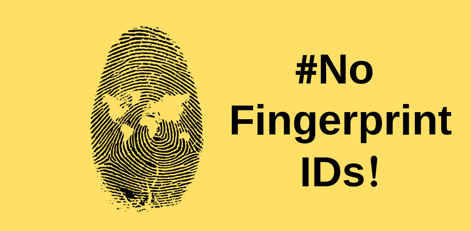 stylised fingerprint against a yellow backdrop with the text: # no fingerprint IDs