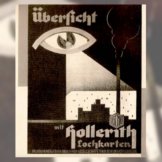 Printwerbung für Hollerith-Lochkarten mit einem Auge, das eine Stadt "scannt".