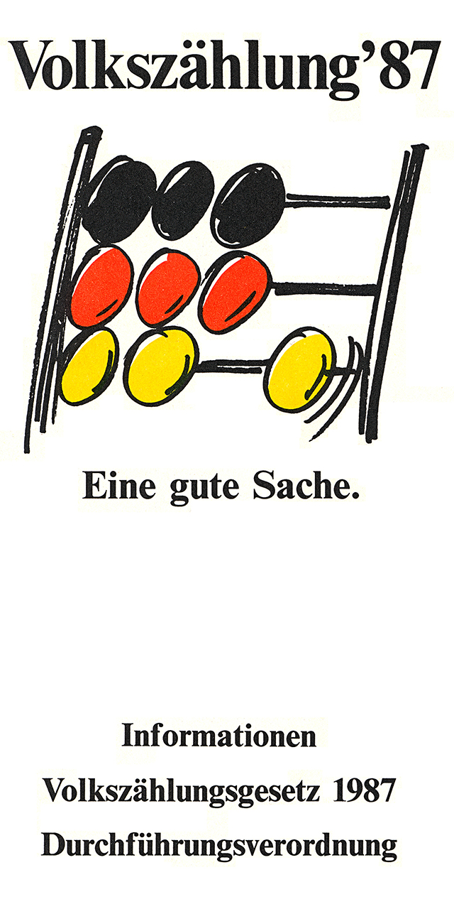 Titelbild einer Werbebroschüre zur Volkszählung 1987 mit einem Rechenschieber mit Kugeln in den Farben schwarz, rot, gelb.