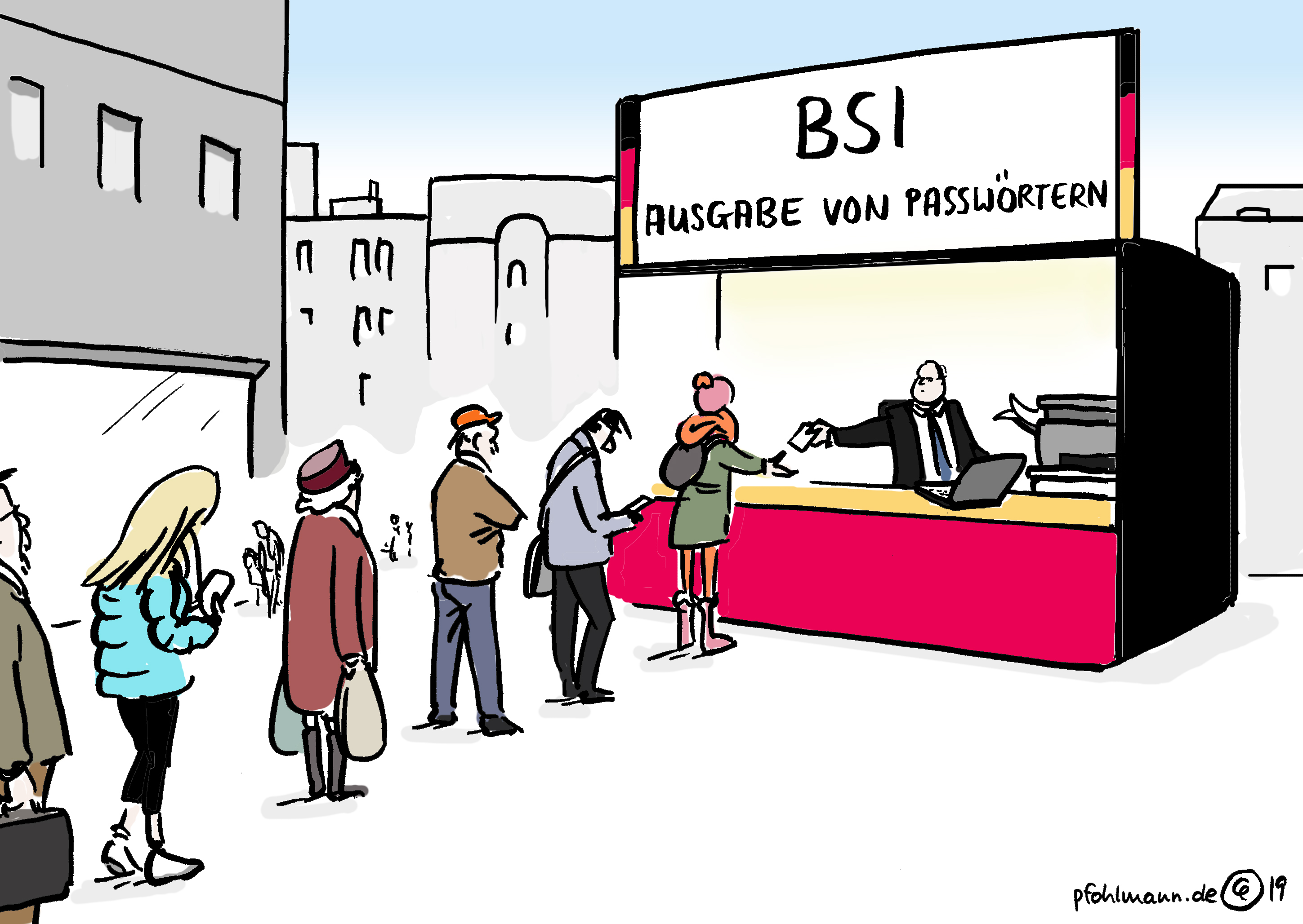 Comic: Citizens pick up their passwords at a BSI booth