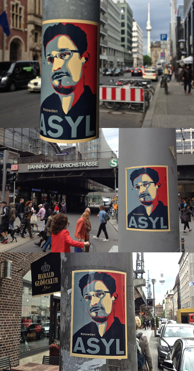Snowden asylum stickers on various street lights