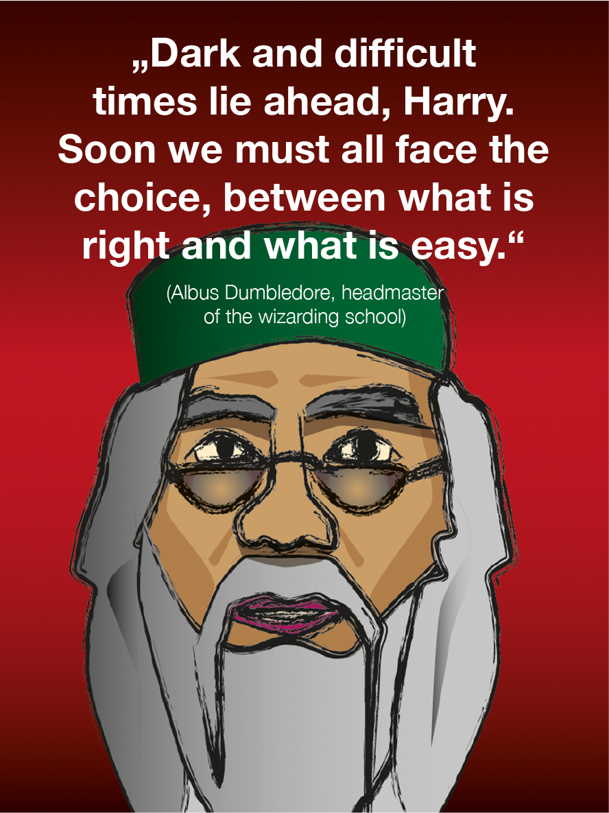 Comic: Portrait of Albus Dumbledore: "Dark and difficult times lie ahead, Harry. Soon we must all face the choice, between what is right and what is easy."