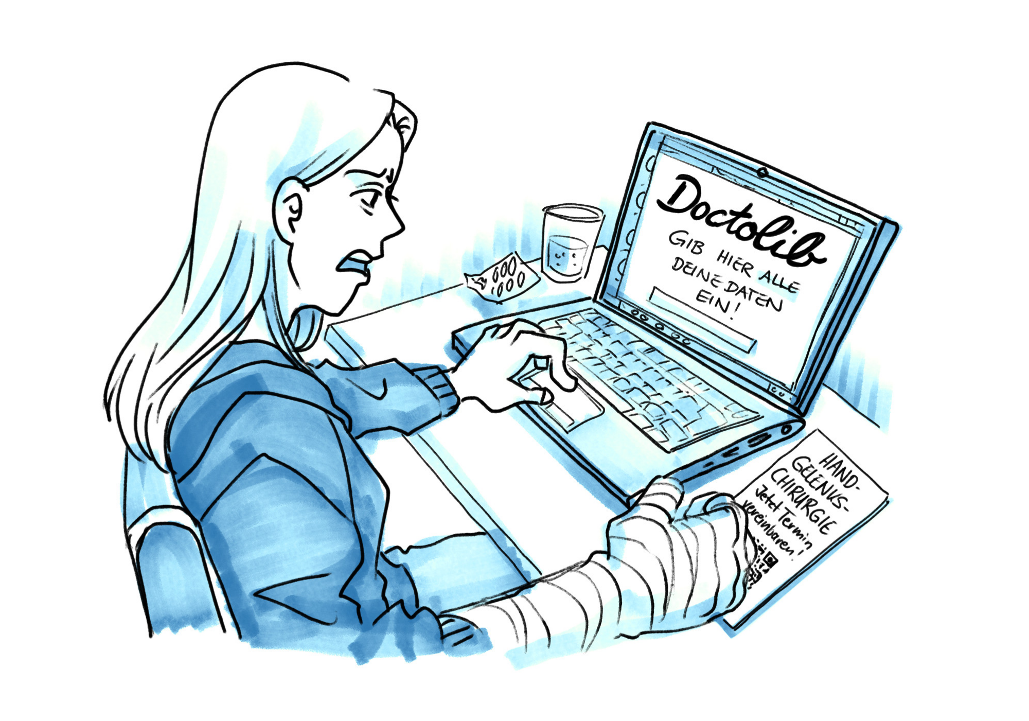 Illustration einer Person, die mit einem eingegipsten Arm am Laptop einen Termin bei Doctoli machen muss.