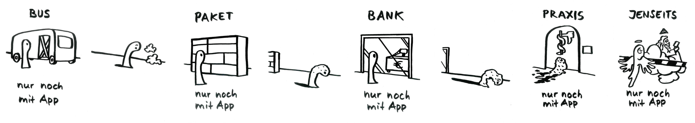 Ein Comicstrip, mehrere Bilder. 1: Ein Wurm vor einem Bus. Text: Bus – nur noch mit App. 2: Wurm lässt den Kopf hängen. 3: Wurm vor einer Post-Packstation. Text: Paket – nur noch mit App. 4: Wurm lässt den Kopf noch tiefer hängen. 5: Abgesperrter Bankschalter, Text: Bank – nur noch mit App. 6: Wurm gekrümmt und verschrumpelt. 7: Wurm halb aufgelöst vor geschlossener Arztpraxis, Text: Praxis – nur noch mit App. 8: Wurm mit Flügeln vor Absperrband, dahinter Gott lesend auf einer Wolke. Text: Jenseits – nur noch mit App.