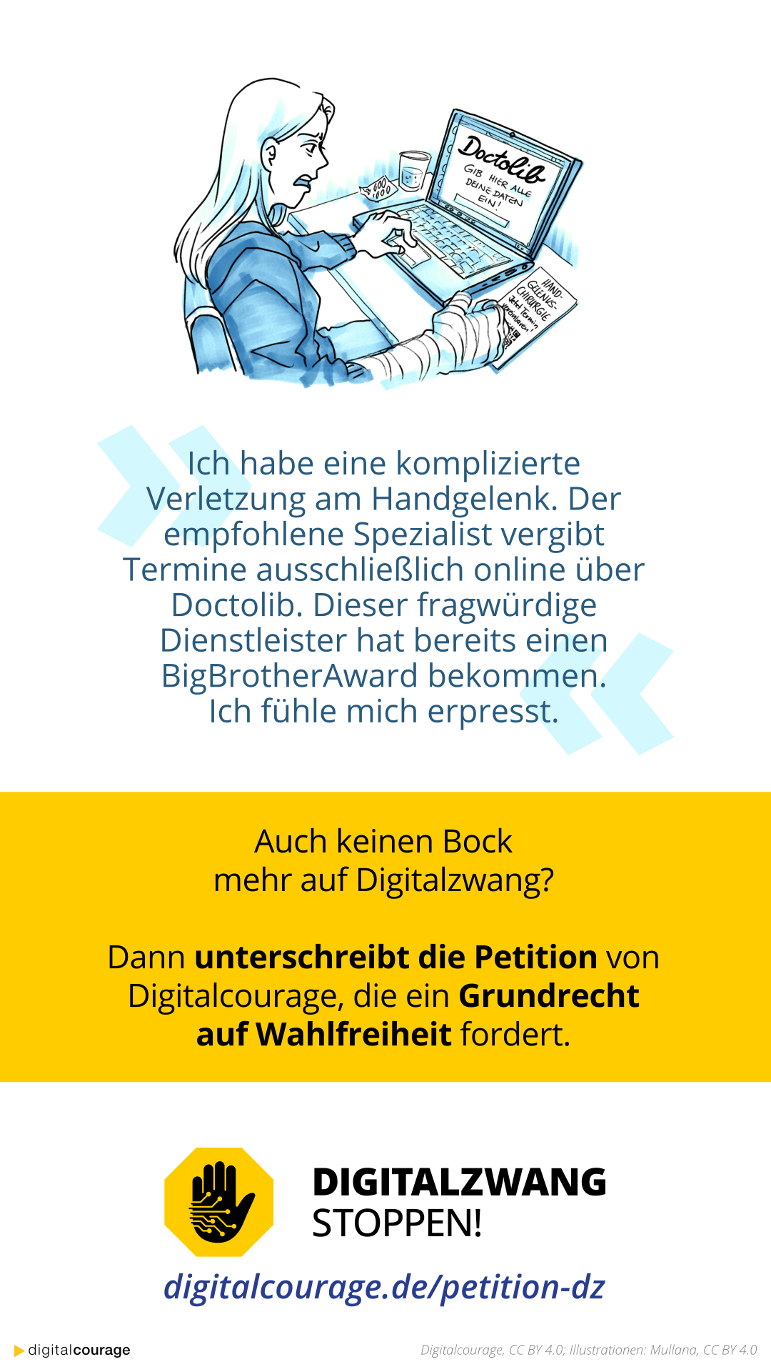 Digitalzwang-Beispiel mit „Terminvereinbarung nur mit Doctolib“.