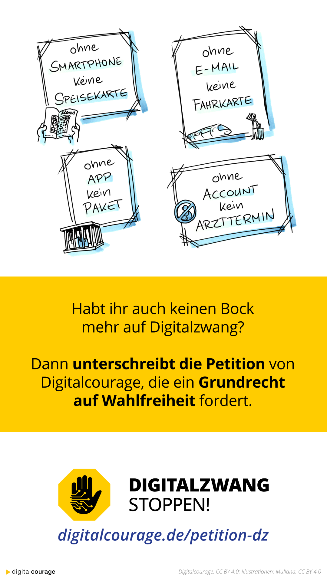 Ohne Smartphone keine Speisekarte. Ohne E-Mail keine Fahrkarte. Ohne App kein Paket. Ohne Account kein Arzttermin. Habt ihr auch keinen Bock mehr auf Digitalzwang? Dann unterschreibt die Petition von Digitalcourage. Digitalzwang stoppen! digitalcourage.de/petition-dz