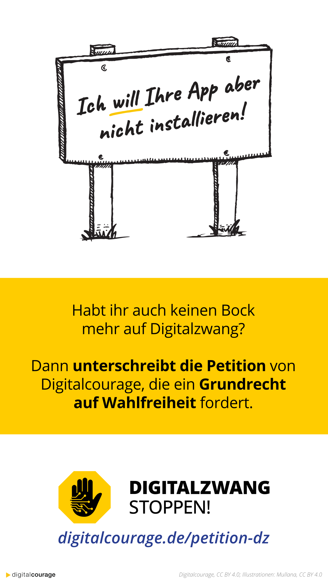 Ich will Ihre App aber nicht installieren! Habt ihr auch keinen Bock mehr auf Digitalzwang? Dann unterschreibt die Petition von Digitalcourage. Digitalzwang stoppen! digitalcourage.de/petition-dz