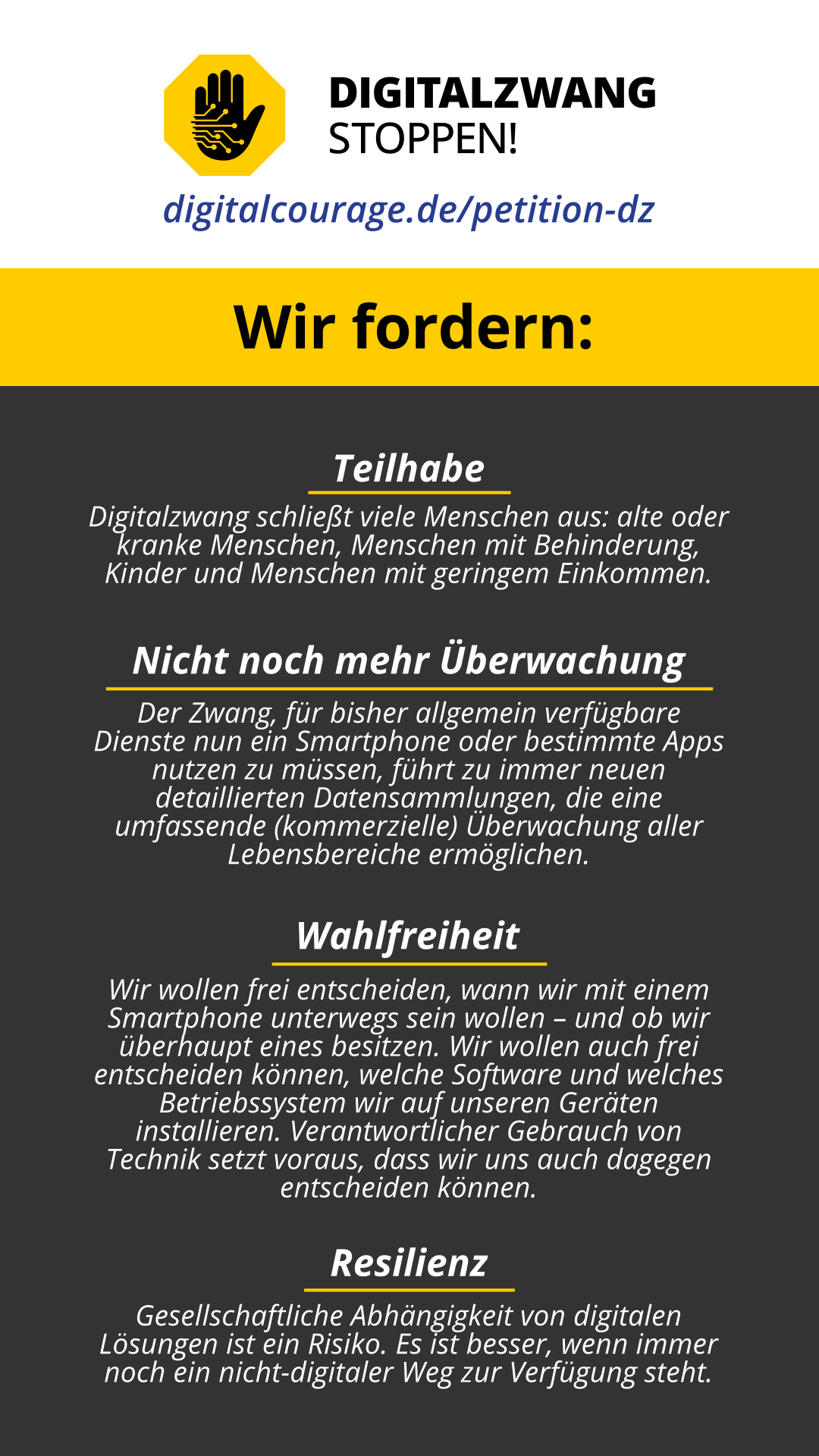 Digitalzwang-Petition – Gründe zum Unterschreiben: Teilhabe, nicht noch mehr Überwachung, Wahlfreiheit und Resilienz.