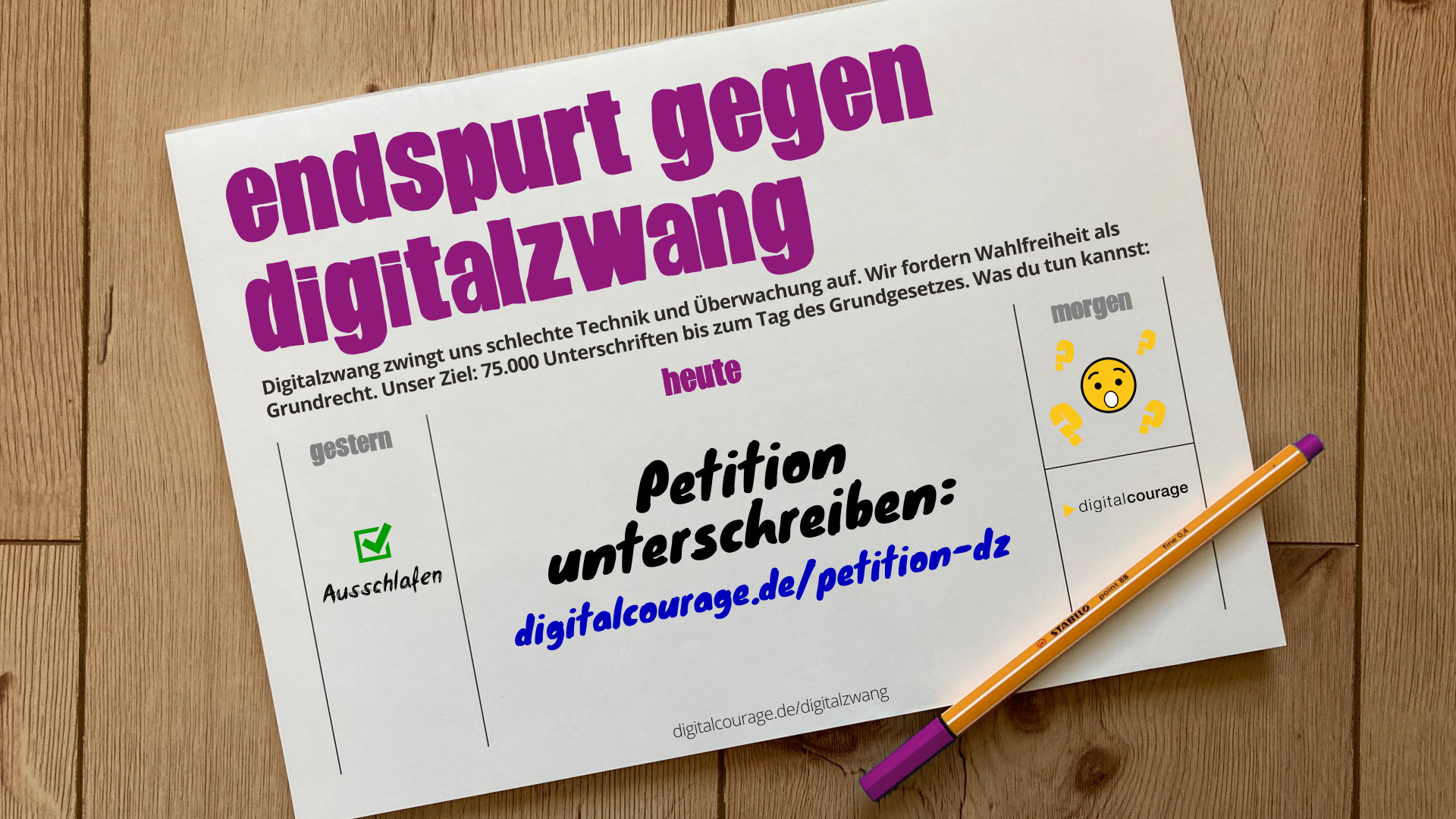 Kalender mit der To Do: „Petition unterschreiben“