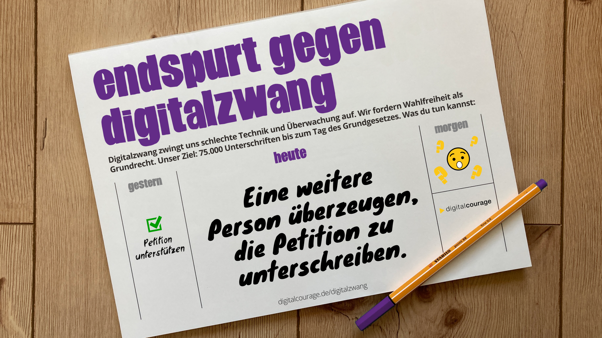 Kalender mit der To Do: „Eine weitere Person überzeugen, die Petition zu unterschreiben“