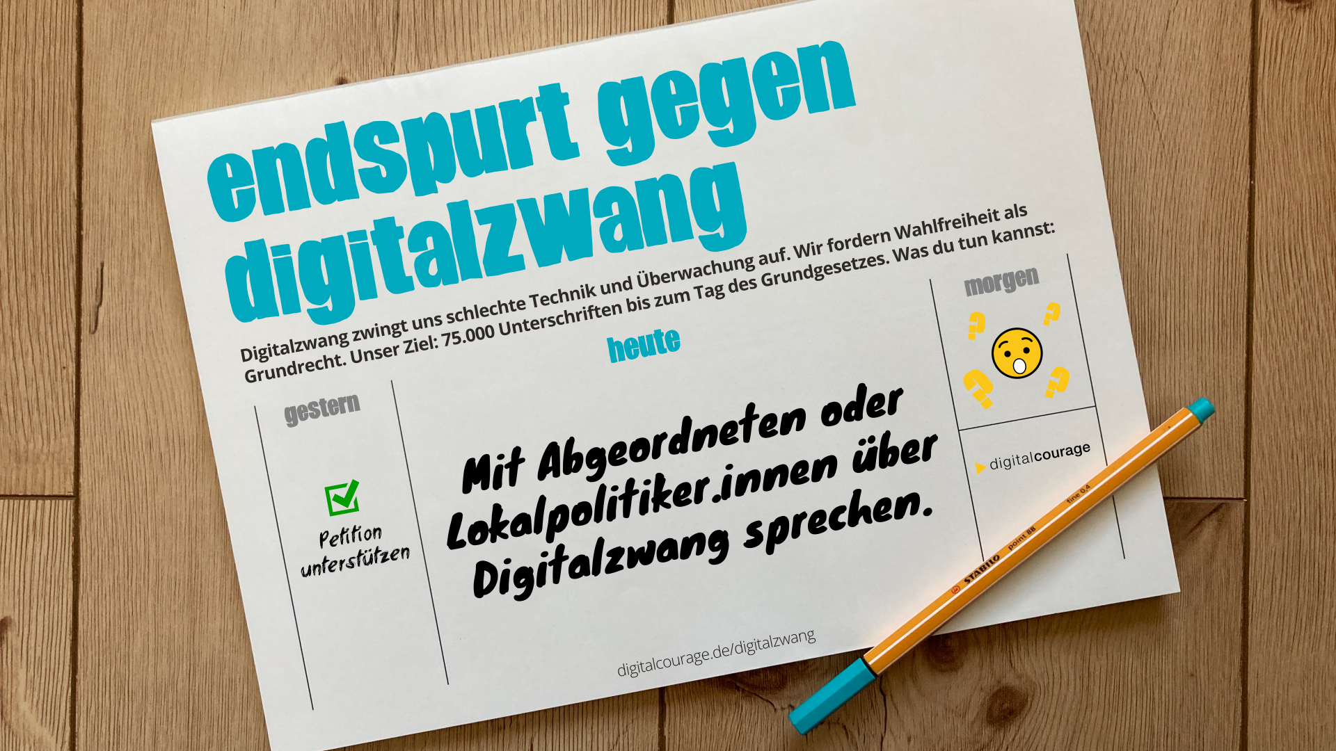 Kalender mit der To Do: „Mit Abgeordneten oder Lokalpolitiker.innen über Digitalzwang sprechen“