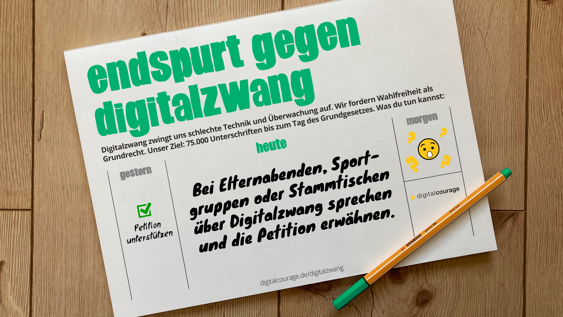Kalender mit der To Do: „Bei Elternabenden, Sportgruppen oder Stammtischen über Digitalzwang sprechen und die Petition erwähnen“