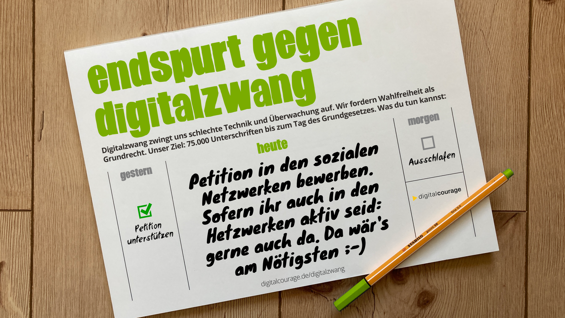 Kalender mit der To Do: „Petition in den Sozialen Netzwerken bewerben“