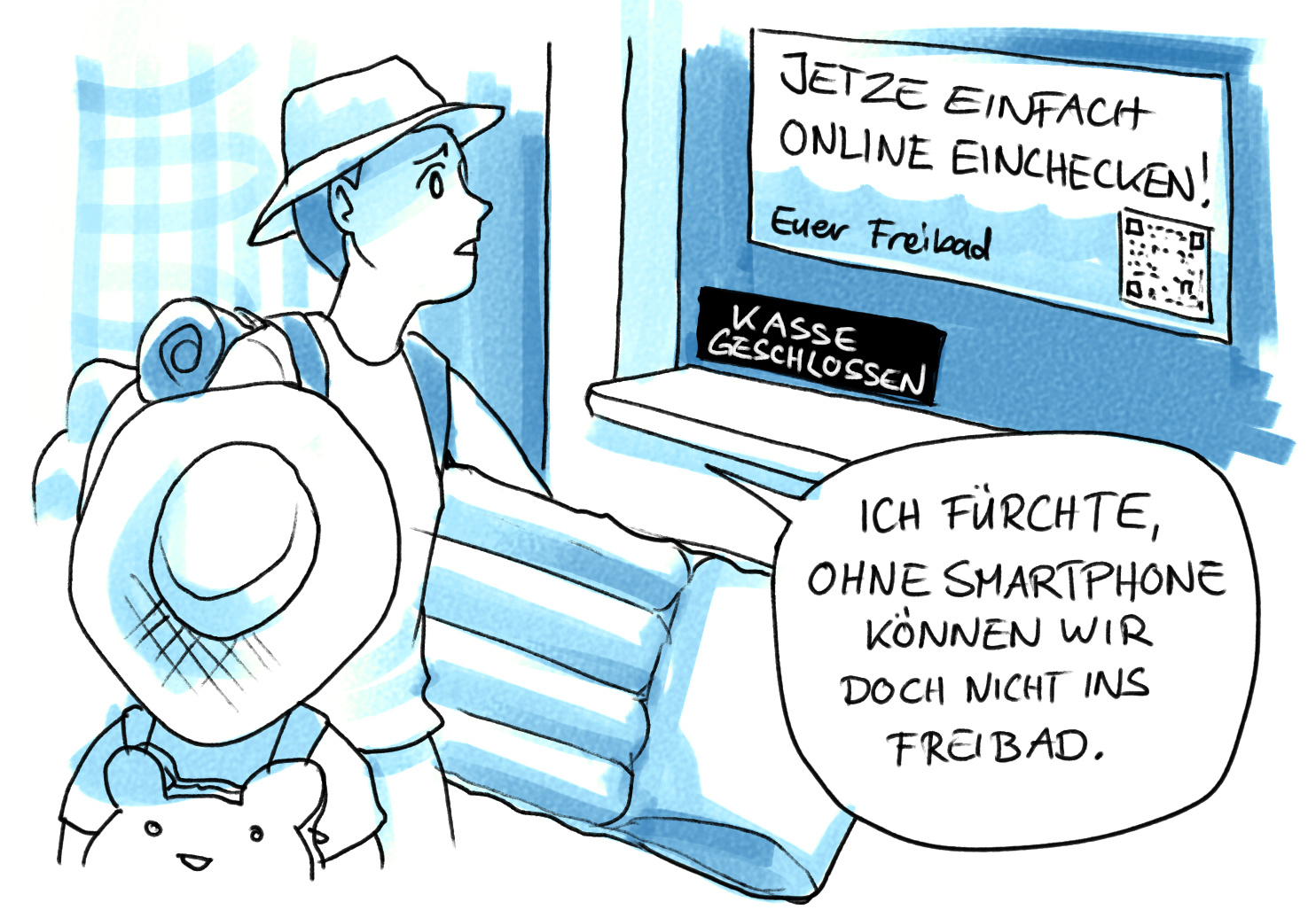 Illustration: Zwei Personen vor einer geschlossenen Freibadkasse. Zugang nur per QR Code.