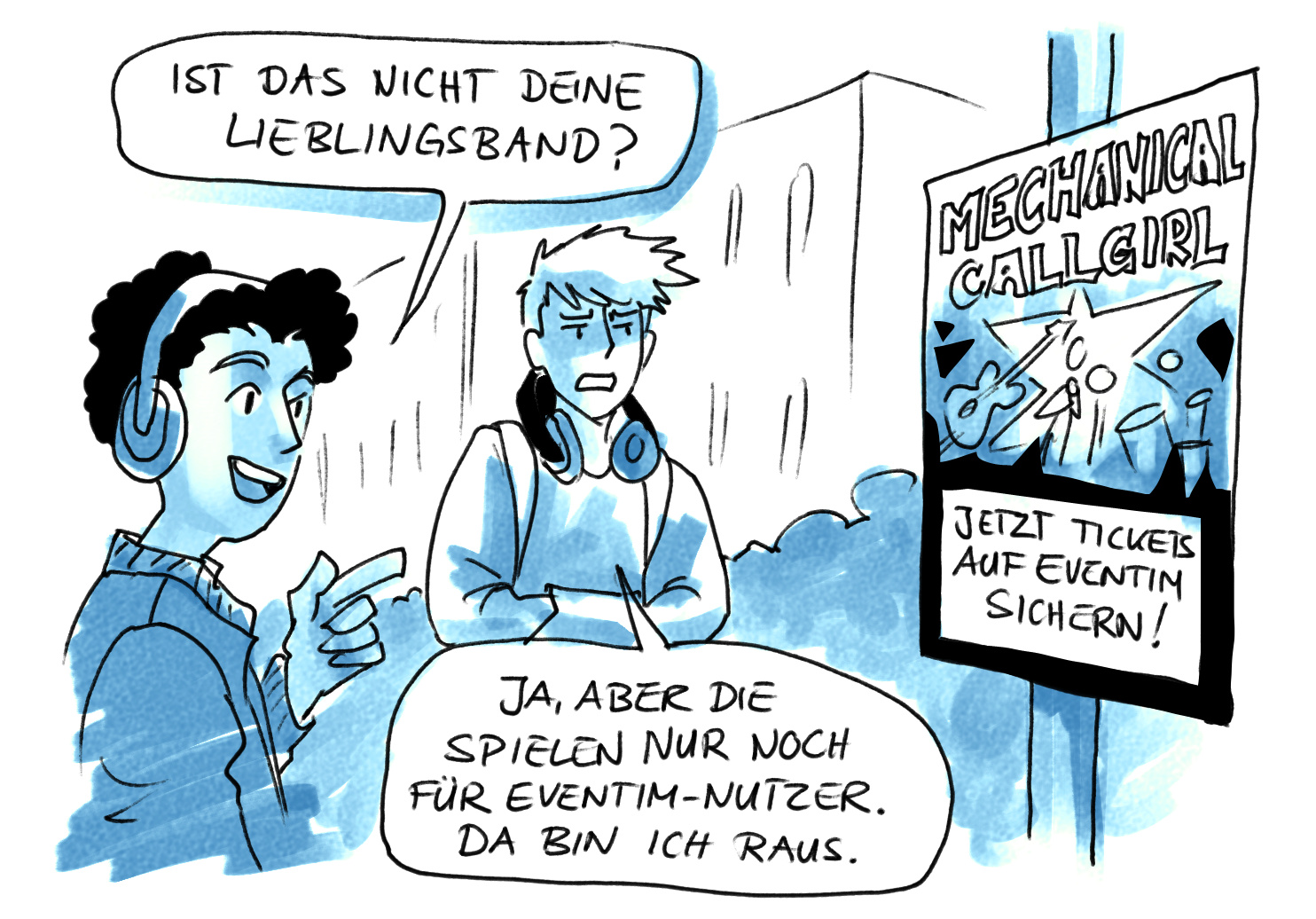 Illustration: Zwei Personen vor einem Konzertposter. Konzertkarte nur nach Anmeldung.
