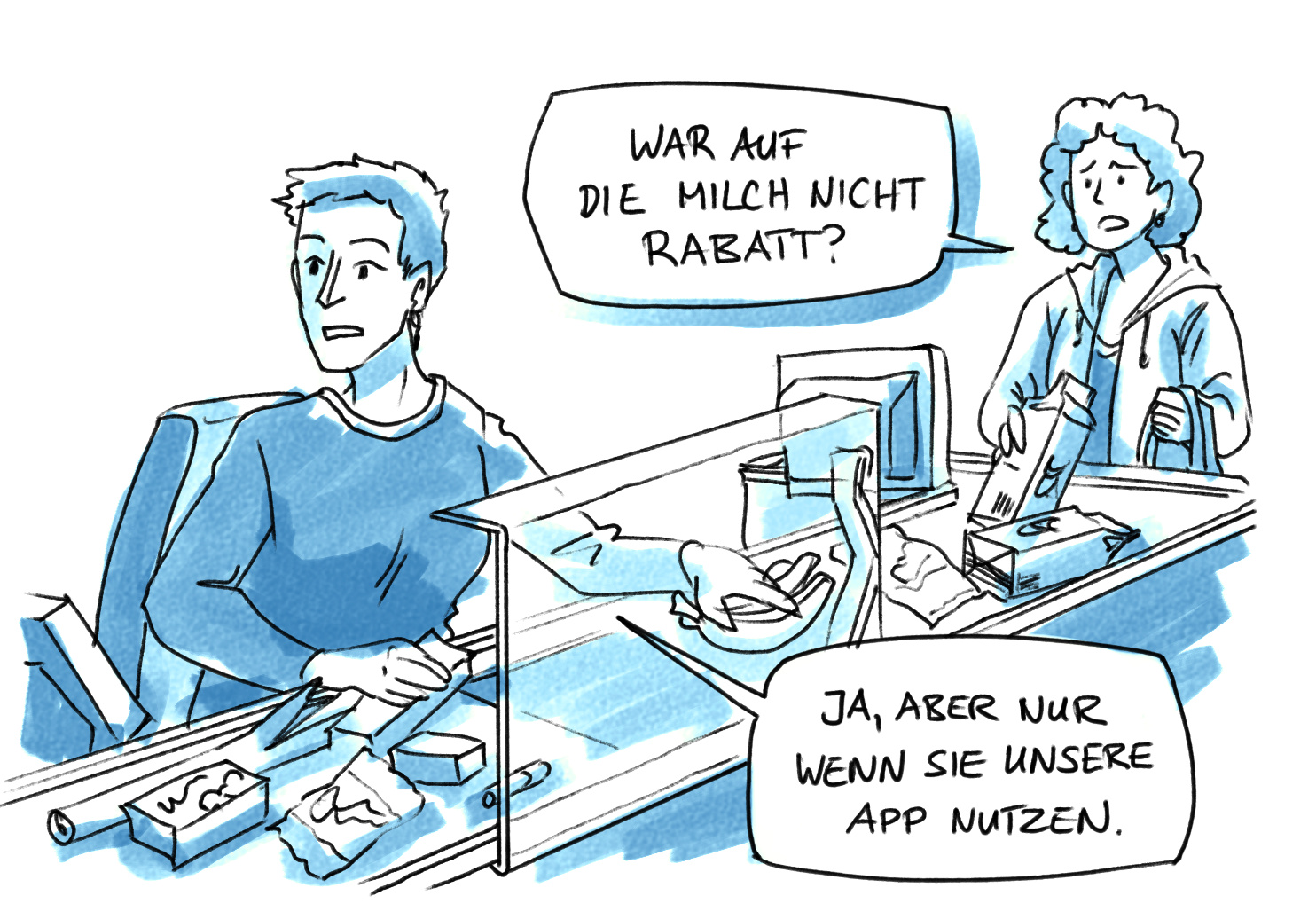 Illustration: Eine Person an einer Supermarktkasse. Rabatt nur mit App.