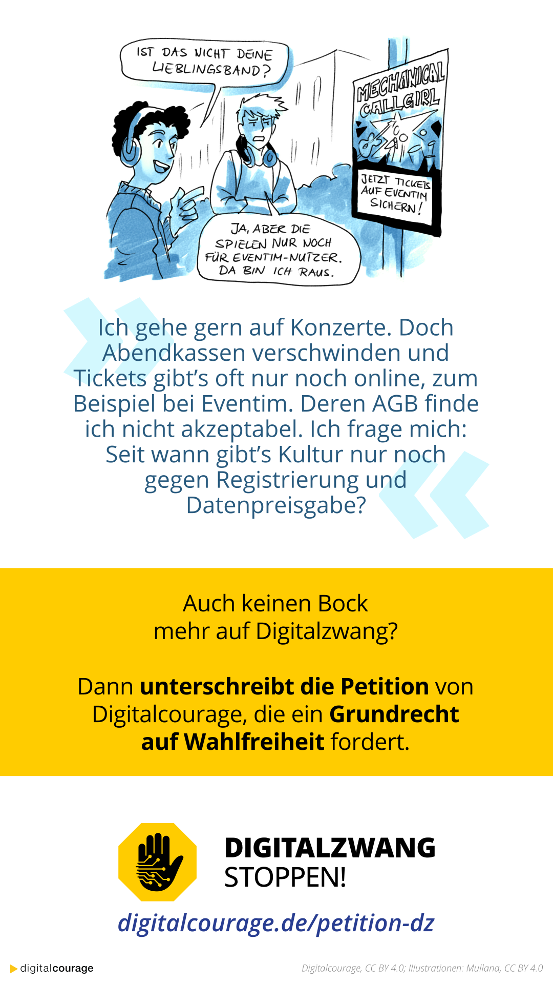 Digitalzwang-Beispiel „Konzertkarten nur noch nach Registrierung“.