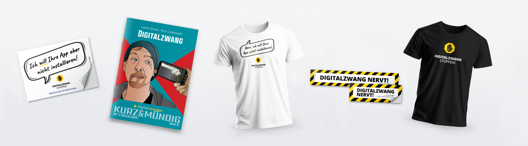 Diverse Digitalzwang-Produkte (Aufkleber, Shirts, kurz&mündig) aus dem Digitalcourage-Shop.