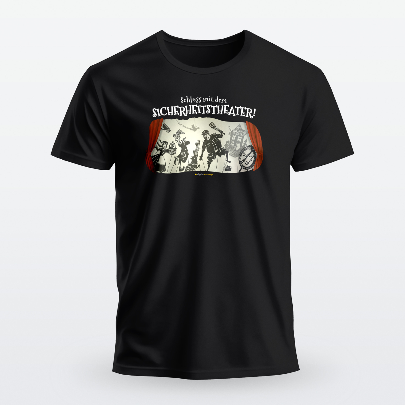 Ein schwarzes Shirt mit dem Aufdruck „Stoppt das Sicherheitstheater“ und einer Illustration eines Schattenspiels.