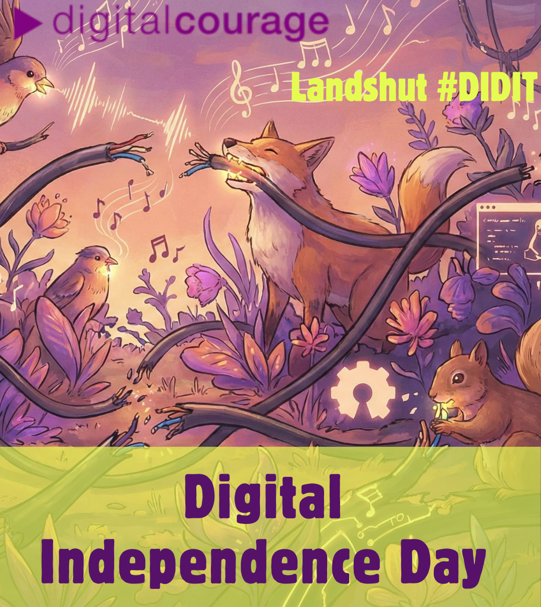 Scharepic zur Veranstaltung. Im Hintergrund zerbeißt ein Fuchs ein Kabel.