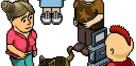 Pixelgrafik von vier Personen und einer Katze.