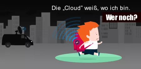 Grafik: Verunsichertes Kind mit getracktem Ranzen. 