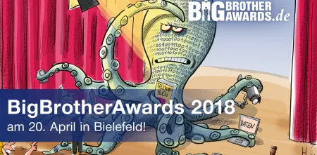 Karikatur einer Datenkrake auf einer Bühne. Darüber ein Banner mit dem Termin zur BBA-Veranstaltung 2018.
