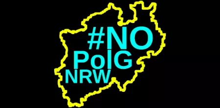 Kontur der NRW-Landesgrenzen in gelb auf schwarzem Grund. Darin in türkis: „#NOPolGNRW“.
