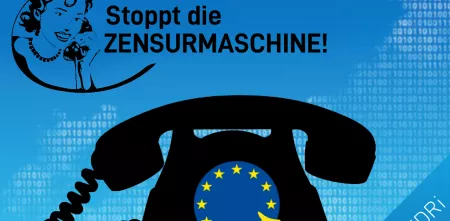 Grafik mit einem Wählscheibentelefon. Die Wählscheibe ist an die EU-Flagge angelehnt: „Stoppt die Zensurmaschine.“