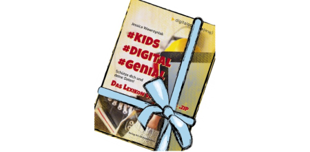 Montage des Buchs „Kids, digital genial“ mit einer illustrierten Geschenkschleife.