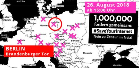 Collage: Europalandkarte in schwarz-weiß. Berlin ist neben anderen Orten eingekreist. #SaveYourInternet
