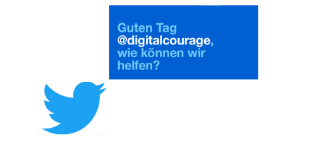 Twitter-Logo in Form eines blauen Vogels (Symbol) mit einer Sprechblase: „Guten Tag @digitalcourage, wie können wir helfen?“
