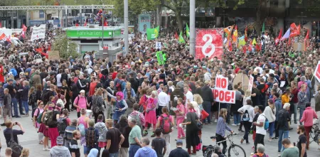 Teilnehmer*innen einer Demonstration (Vogelperspektive).