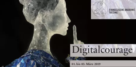 Flyer: Eine Statue von der Seite, die den Zeigefinger vor den Mund hält. Digitalcourage-Logo und Tagungsdaten.