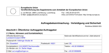 Screenshot einer Auftragsbekanntmachung.