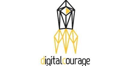 Grafik einer Rakete in den Farben schwar und gelb. Darunter ein Schriftzug „digitalcourage“