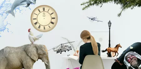 Eine Person sitzt an einem Schreibtisch und schreibt etwas in ein Heft. Um sie herum die unterschiedlichsten Dinge, wie eine Uhr, ein Elefant, ein Pirat, ein Delfin, ein Pferd und ein Tannenzweig.