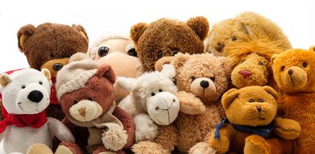 Viele Teddybären in unterschiedlichen Farben vor einem weißen Hintergrund