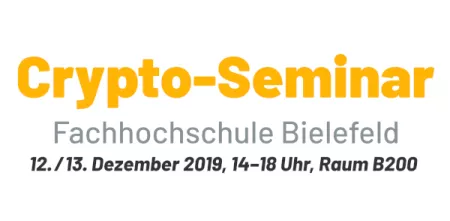 Schriftzug in gelb: Crypto-Seminar; darunter in grau: Fachhochschule Bielefeld; darunter: Datum und Uhrzeit