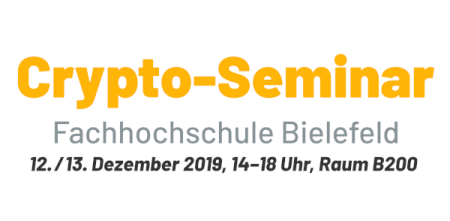 Schriftzug in gelb: Crypto-Seminar; darunter in grau: Fachhochschule Bielefeld; darunter: Datum und Uhrzeit