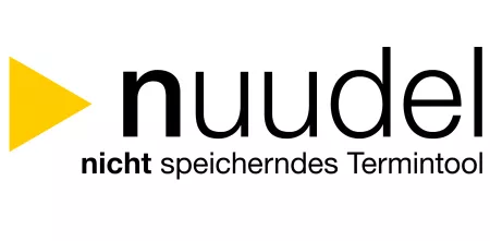 Logo von nuudel: Gelbes Digitalcourage-Dreieck, rechts danaben der Schriftzug „nuudel“, wobei das „n“ fettgedruckt ist. Darunter der Satz: „nicht speicherndes Termintool“, wobei das Wort „nicht“ fettgedruckt ist.