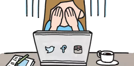 Illustration: Eine Person mit langen Haaren, die vor einem Laptop sitzt und sich die Augen zu hält. Auf dem Laptop sind die Logos von Twitter, Facebook und Instagram zu sehen.
