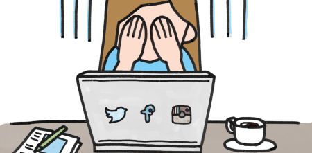 Illustration: Eine Person mit langen Haaren, die vor einem Laptop sitzt und sich die Augen zu hält. Auf dem Laptop sind die Logos von Twitter, Facebook und Instagram zu sehen.